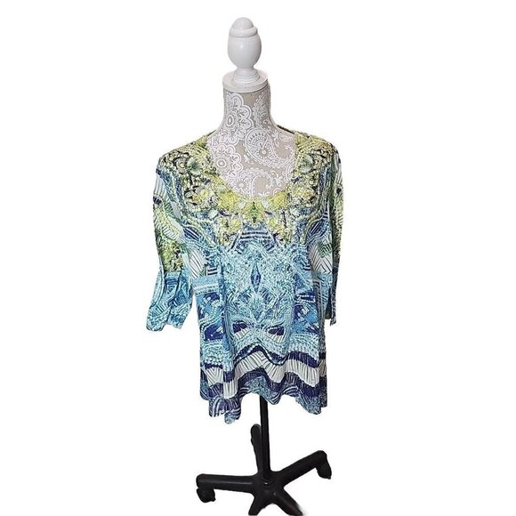Chico's Blue/Lime Scalloped Lace Sequin & Pearl Print Chiffon Hem Top Xlarge - Picture 1 of 8